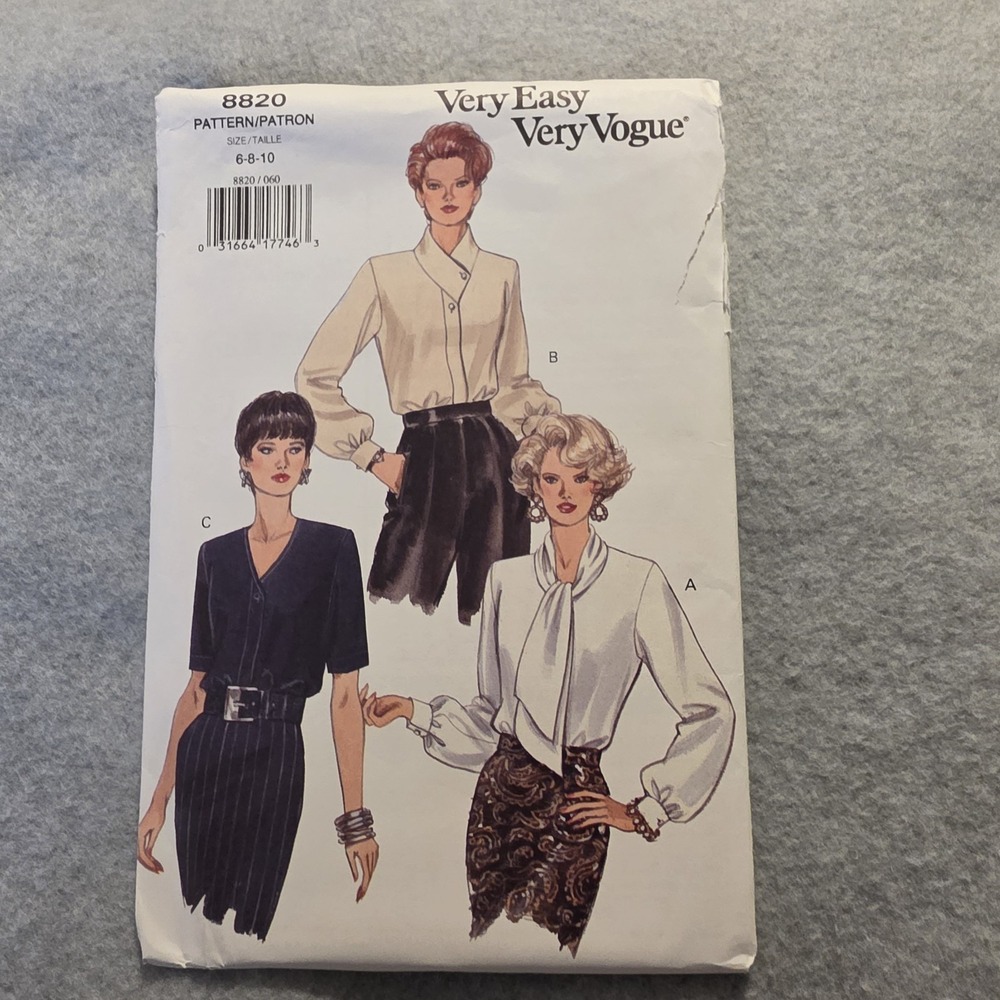 Vogue Very Easy Very Vogue 8820 Women's Shirt Sewing Pattern Sz 6-8-10